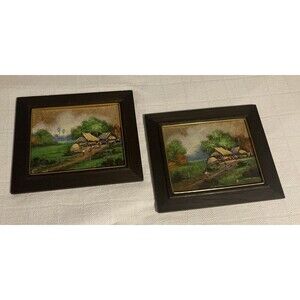 Vintage "Landscape With Village Scene" Oil On Board Signed Framed With Gold Trim